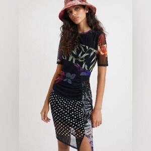 Desigual Amber Floral Polka Dot Patchwork Mesh Ruched Bodycon‎ Dress Large